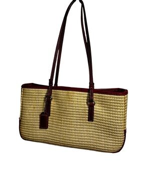 Coach Woven Raffia Bag with Red Trim Resort Summer Casual Medium